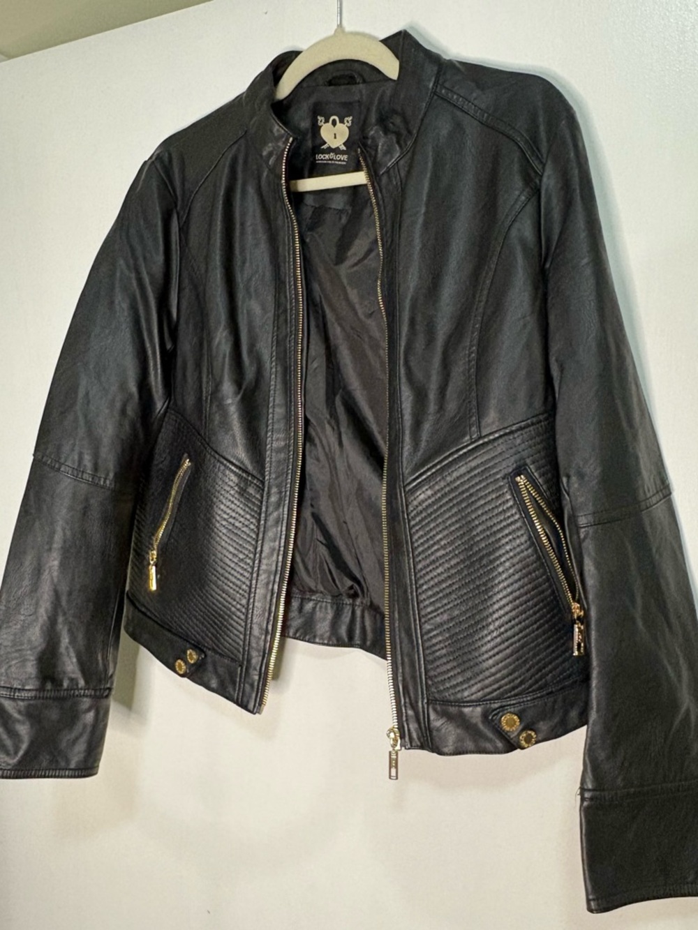 Black Faux Leather Moto Jacket with Gold Zipper Accents